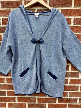 Chicos Hooded Knit Jacket Womens Size 2 Navy White Toggle Closure Nautical